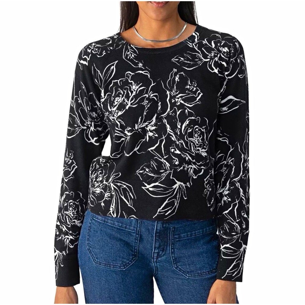 Sanctuary Women’s XS Black/White Floral Crewneck Raglan Knit Pullover Sweater